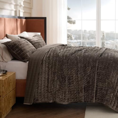 Bedsure Velvet Quilt Set King Size - Brown Luxury Bedspread with Pillow Shams