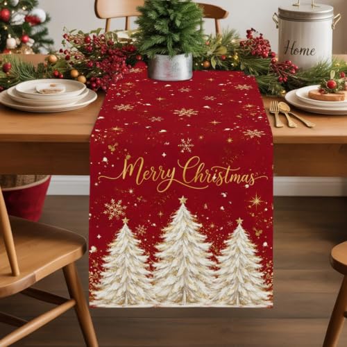Christmas Tree Table Runner 72 Inches Long - Red Gold Beige Xmas Decor, Snowflake Sparkle Cotton Linen