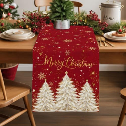 Christmas Tree Table Runner 72 Inches Long - Red Gold Beige Xmas Decor, Snowflake Sparkle Cotton Linen