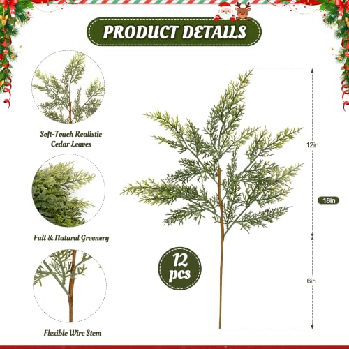 12 Pcs Artificial Cedar Stems - 18 Inch Holiday Greenery for Christmas Decor - Real Touch