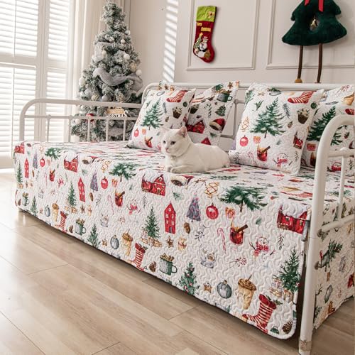 Christmas Daybed Cover Set Twin - Red Green Snowflake & Reindeer 39x75 with Shams