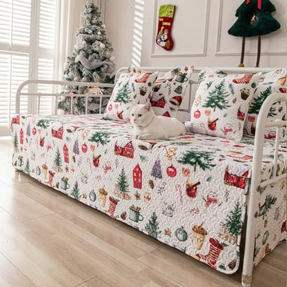 Christmas Daybed Cover Set Twin - Red Green Snowflake & Reindeer 39x75 with Shams