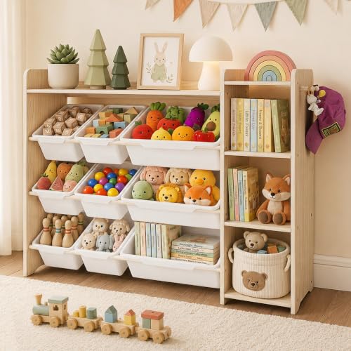 Kids Bookshelf & Toy Organizer - 3-Tier Wooden Storage with Bins, Natural Pine