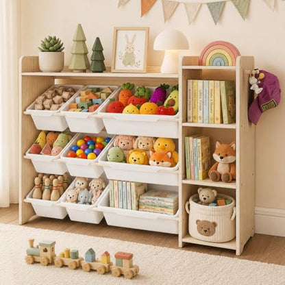 Kids Bookshelf & Toy Organizer - 3-Tier Wooden Storage with Bins, Natural Pine