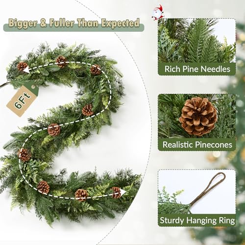 6FT Christmas Garland with Lights - Realistic Cedar & Pinecones, Prelit Indoor Outdoor Decor - Variation 1 / 6FT-1Pc