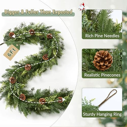 6FT Christmas Garland with Lights - Realistic Cedar & Pinecones, Prelit Indoor Outdoor Decor - Variation 1 / 6FT-1Pc