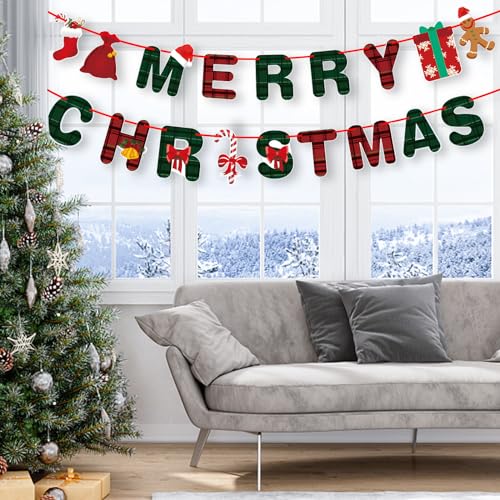 Christmas Banner Set with Gingerbread Socks Signs - Red & Green Holiday Paper Garland for Indoor Outdoor Decorations