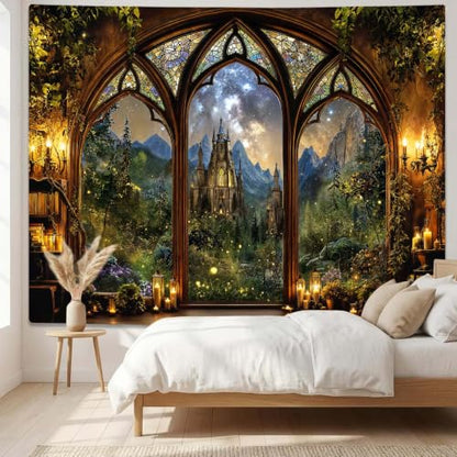 Fantasy Forest Mountain Castle Tapestry 48x36 Inch Wall Decor