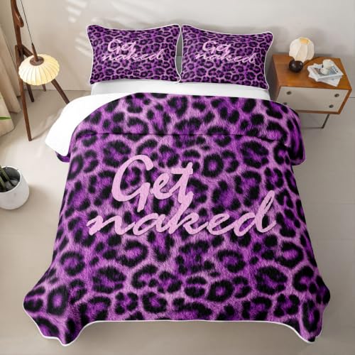 Lavender & Charcoal Leopard Print Get Naked Quilt Set Queen Lightweight Microfiber Bedding