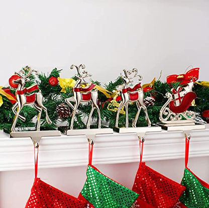 Christmas Stocking Holders Set of 4 Reindeer & Sled Car Hooks Mantle Fireplace Decor