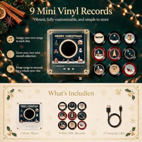 Christmas Magnetic Vinyl Music Player Set with Holiday Discs - Fridge Decor