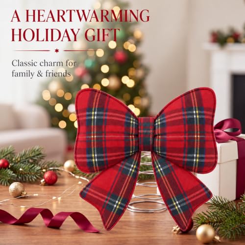 Plaid Bow Christmas Tree Topper Felt Holiday Decor - 9.06 Inches - Red Buffalo Plaid - Stable Spiral Base - Farmhouse Style