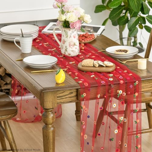 Red Embroidery Daisy Gauze Table Runner 28x120 Inch 3 Pack - Bright Home Decor