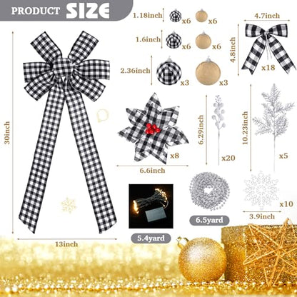 Lyrow Buffalo Plaid Christmas Tree Ornament Set - Black White, 94 pcs
