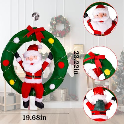 34-Inch Hanging Christmas Decor Santa Claus in Wreath with LED Lights - Holiday Indoor Outdoor Decoration - Variation of Santa Claus in Wreath