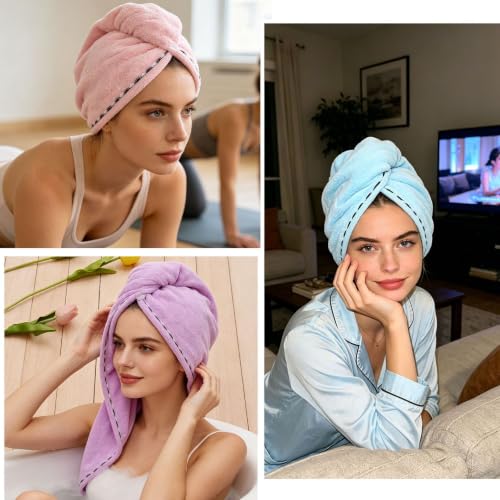 3-Pack Microfiber Hair Towel Wrap Set - Quick Dry, Soft Turbans with Button & Loop - Mix Colors