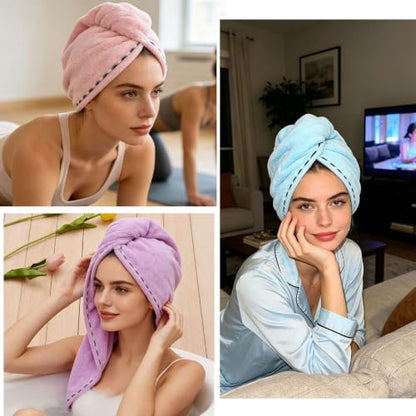 3-Pack Microfiber Hair Towel Wrap Set - Quick Dry, Soft Turbans with Button & Loop - Mix Colors