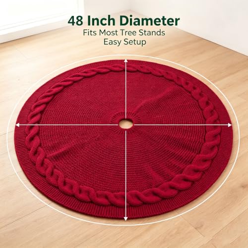 48 Inch Christmas Tree Skirt - Red Cable Knit Holiday Decor