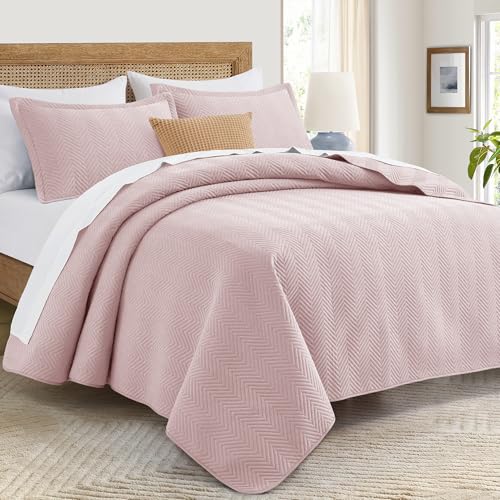 Twin Linen Quilt Set with Embossed Chevron Pattern - Baby Pink Bedspread Coverlet