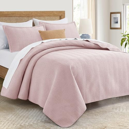 Twin Linen Quilt Set with Embossed Chevron Pattern - Baby Pink Bedspread Coverlet