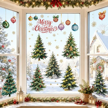 Large Christmas Window Clings - Watercolor Retro Holiday Tree Decor 35.4"
