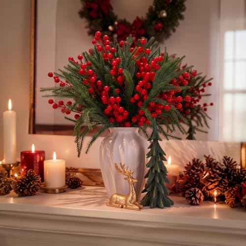 Christmas Table Decorations Set with Pine Picks, Berry Stems & Reindeer Figurine