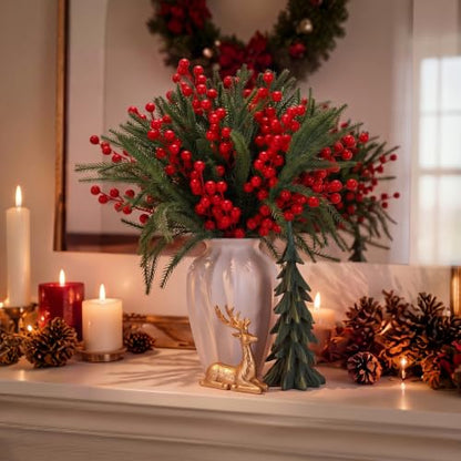 Christmas Table Decorations Set with Pine Picks, Berry Stems & Reindeer Figurine