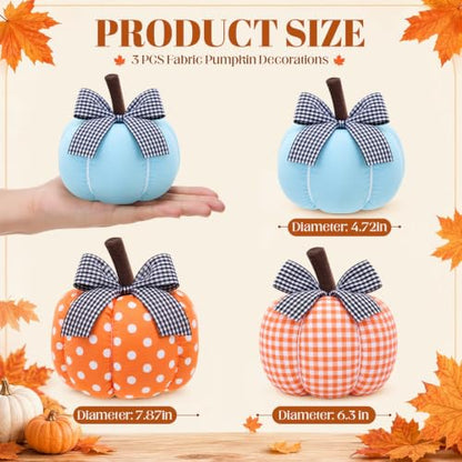Fabric Pumpkin Fall Decor Set - 3 Assorted Harvest Pumpkins for Thanksgiving and Autumn