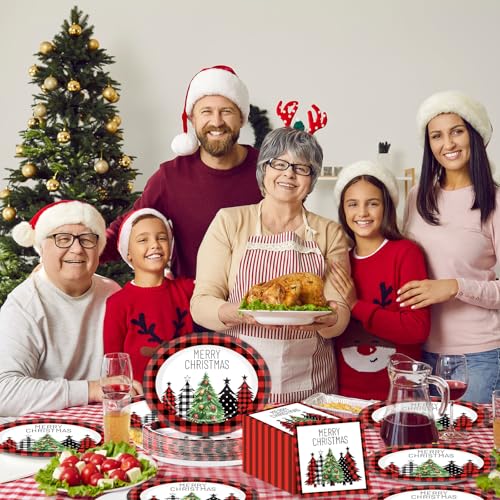 Christmas Buffalo Plaid Tree Paper Plates & Napkins Set - 25 11-Inch Red Black Checkered Party Supplies