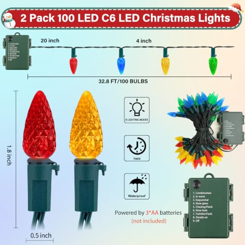 Multicolor Battery-Operated Christmas String Lights 16.4FT 100 LEDs with Timer