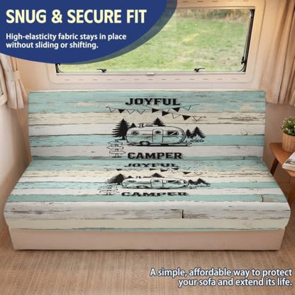 RV Jackknife Sofa Bed Cover 2-Piece Stretch Slipcover Joyful Camper Print