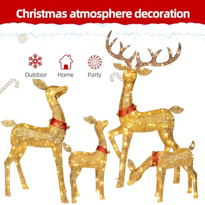 Outdoor Reindeer Family Christmas Decorations Set with 245 LED Lights - Gold