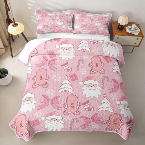 Pink Christmas Quilt Set with Santa & Gingerbread Man - Full Size, White Beige Pink Variation