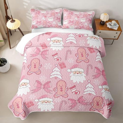 Pink Christmas Quilt Set with Santa & Gingerbread Man - Full Size, White Beige Pink Variation
