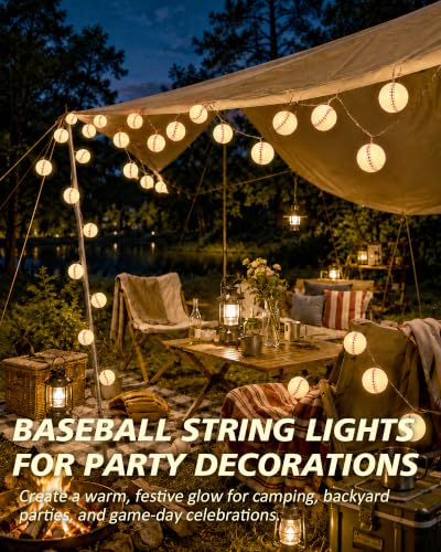Baseball String Lights - Battery Operated 20 LED Bulbs for Room Decor, Party, Outdoor