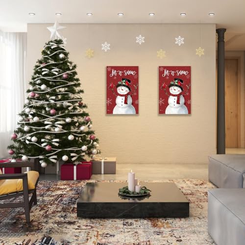 Snowman Christmas Wall Art Let It Snow Red Canvas 24x36 Inches - Holiday Decor