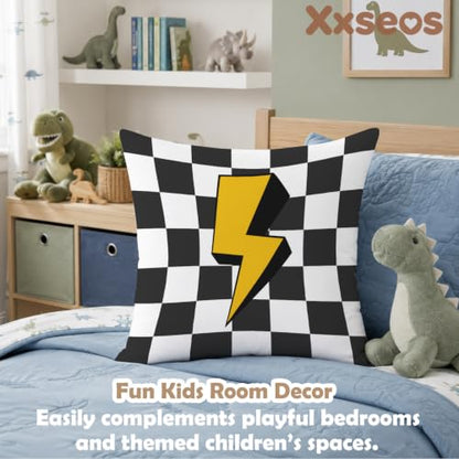Race Car Room Decor Pillow Cover 18x18 - White & Black Racing Theme