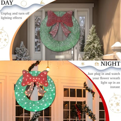 36-Inch Outdoor Christmas Wreath with 128 LED Lights and Bow - All Weather Yard Decor
