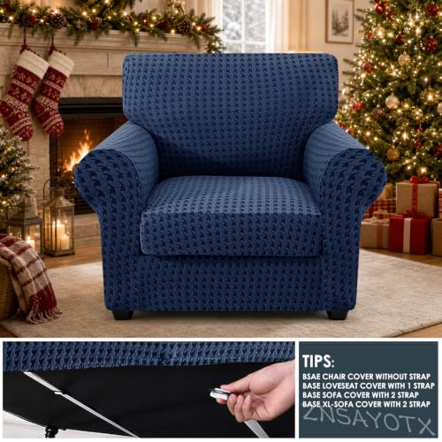 Stretch Chair Slipcover with Arms 34-44 Inches Navy Blue 2-Piece Armchair Cover with Elastic & Buckle - Armchair 1 Cushion Variation