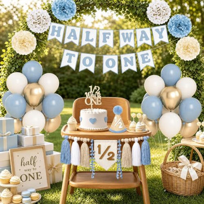 Half Birthday Decorations Kit Dusty Blue - 1/2 Birthday Banner & Party Supplies
