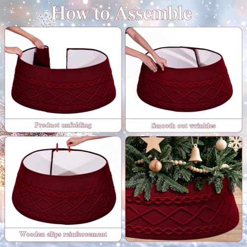 Christmas Tree Collar Xmas Tree Skirt Red Knit Base Cover with Clips