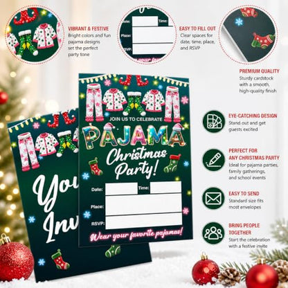 Christmas Pajama Party Invitations Set of 20 with Envelopes