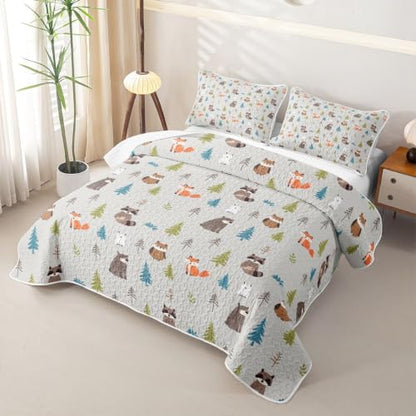Woodland Animals Quilt Set Queen Gray Brown Kids Bedspread Nursery Cute Fox Bear Raccoon