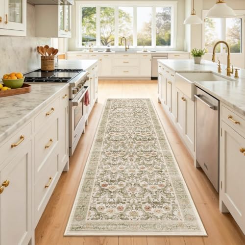 Beige Sage 2x8 Washable Non-Slip Floral Runner Rug - Vintage Boho Hallway Mat