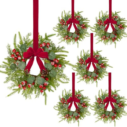 Green 6 Pcs Small Christmas Wreaths for Cabinets with Red Ribbon & Berries
