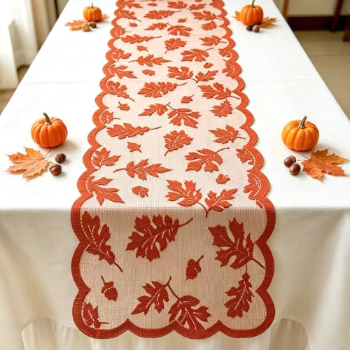 Maple Rust Fall Table Runner 13 x 72 Inches Lace Autumn Decor