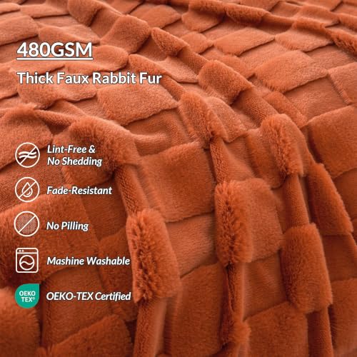 Checkered Faux Rabbit Fur Body Pillow Cover 20x54 Burnt Orange - Plush & Cozy