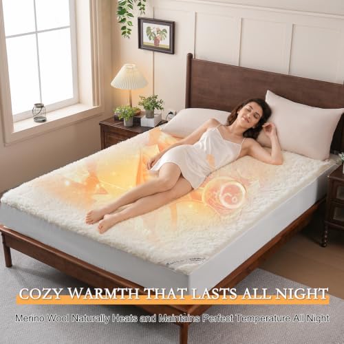 White Wool Mattress Pad Queen with Merino Fleece and Cotton Reversible Surface