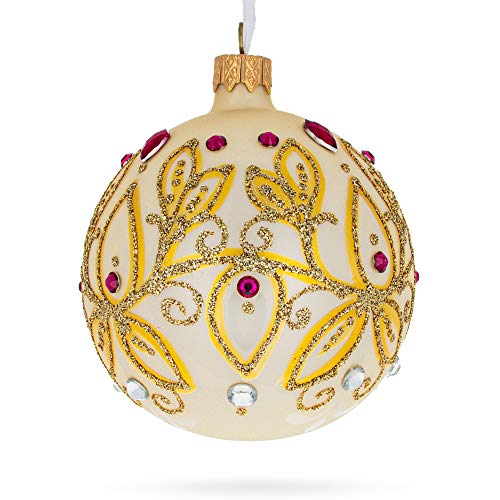 Gilded Golden Leaves Glass Christmas Ornament 3.25 Inches - Hand-Painted Holiday Decor