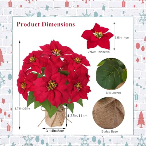 Mini Potted Christmas Poinsettia Flowers - 13 Inch Red Faux Plant, Rustic Decor
